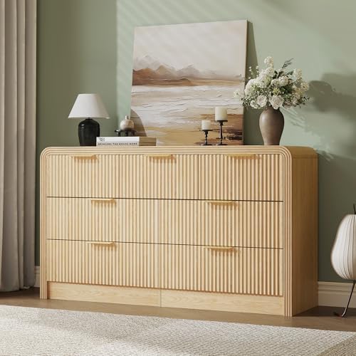 Decofy 55" W Fluted 7-Drawer Dresser for Bedroom, Natural Oak