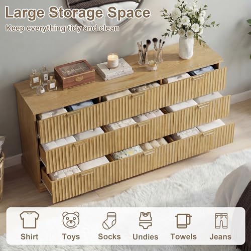 Wooden 9 Drawer Dresser for Bedroom, Fluted Dresser with Storage and Metal Handle, Modern Chest of Drawers for Living Room, Entryway, Natural Oak