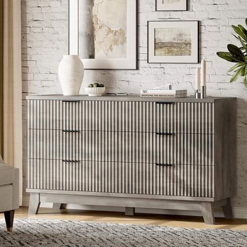 Xixini Fluted Dresser with 6 Drawers, 54" Wide Modern Chest of Drawers with Metal Handle, Wooden Dresser TV Stand, Wood Closet Clothes Storage Organizer for Bedroom, Living Room, Hallway, Light Grey