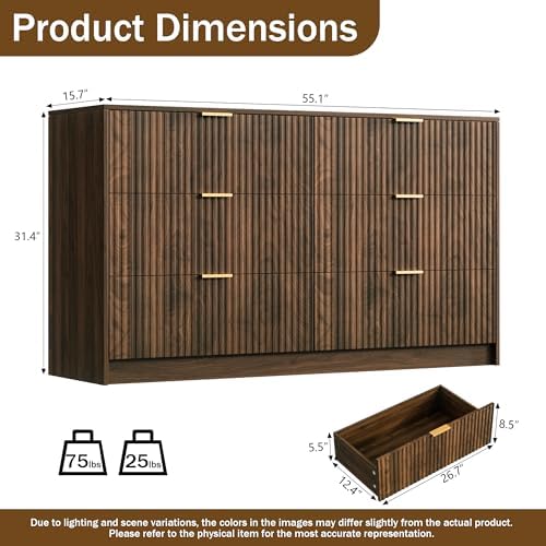 Furniway Walnut Dresser for Bedroom, Modern Dresser with 6 Drawers and Smooth Slides, Wide Chest of Drawers with Golden Handles for Bedroom, Living Room, Closet, 15.7" D x 55.1" W x 31.4" H