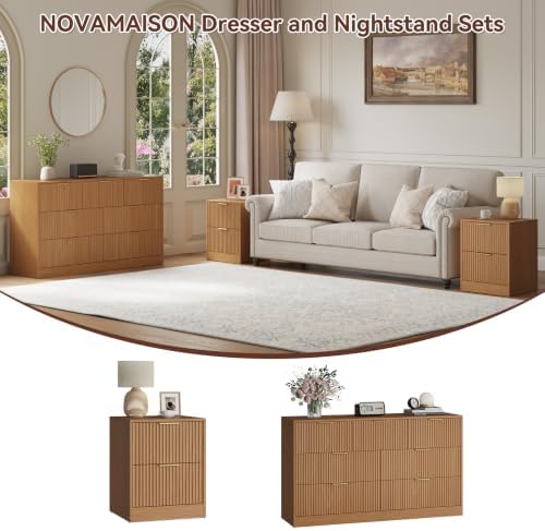 7 Drawer Dresser & 2-Drawer Nightstand Set 3-Piece, Natural Wood丨55 Wide Bedroom Set Night Stand Set of 2 with Metal Handle, Fluted Wood Chest of Drawers Storage Dressers Set for Bedroom
