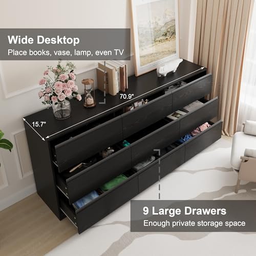 Bobve 70.9” Dresser for Bedroom with 9 Drawers, Large Modern Chest of Drawers with Deep Drawers, Wide Double Dresser Handle Free, Storage Organizer for Bedroom, Living Room, Hallway (Black)