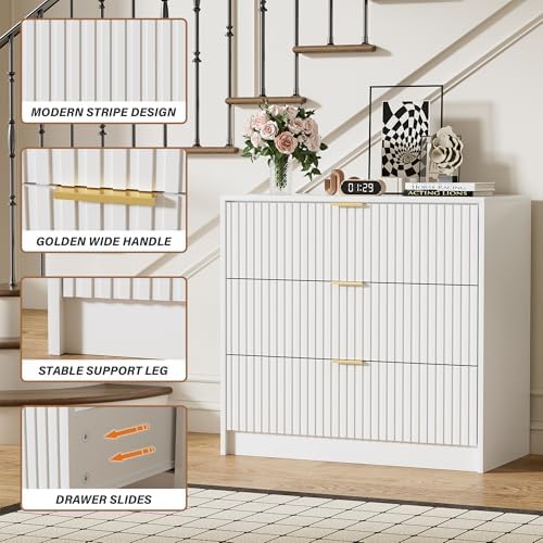 Furniway White Dresser for Bedroom, Modern Dresser with 3 Drawers and Smooth Slides, Wide Chest of Drawers with Golden Handles for Bedroom, Living Room, Closet, 15.7" D x 31.5" W x 29.6" H