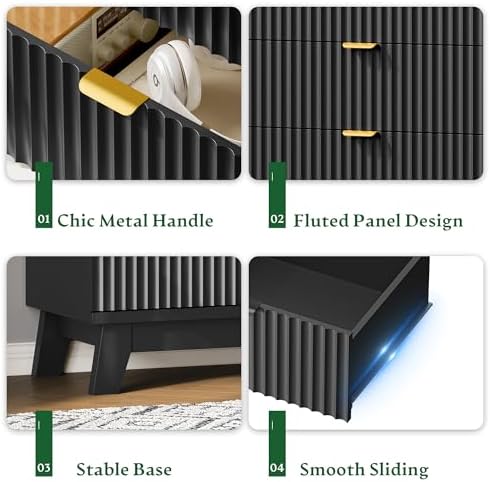 Xixini Fluted Nightstand with Charging Station, Tall Bedside Table, Black