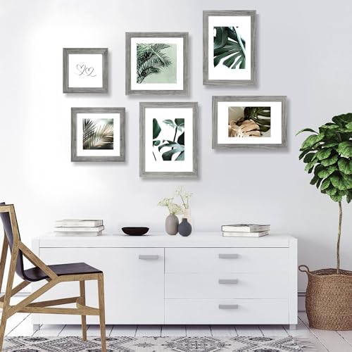 Hongkee 8x8 Picture Frames Set of 4, Made of Glass and Grey Wooden Frame - Display Picture 6x6 with Mat or 8 x 8 Without Mat, 8 by 8 Photo for Wall or Tabletop