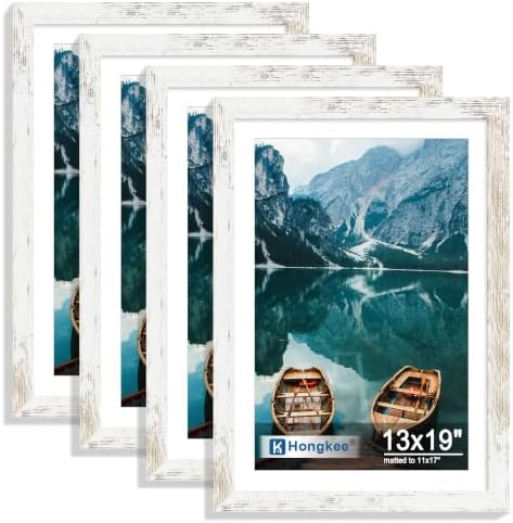 Hongkee 13x19 Picture Frame Set of 4, 13x19 Distressed White Wood,Mat 11x17