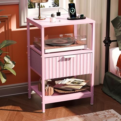 VINGLI Pink Nightstand with Fabric Drawer, Fluted Nightstand with Charging Station, Night Stand Pink Bedside Table with Charger Station for Bedroom, Kids Room, 14.96" W*11.81" D*23.7" H, 1 pc