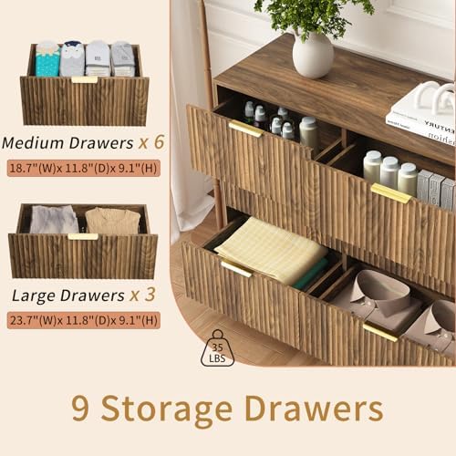 9 Drawer Fluted Dresser for Bedroom with Deep Drawers, Walnut丨63 Wide Wood Dresser, Large Chest of Drawers, Modern Long TV Stand, Storage Cabinet Side Table for Living Room, Hallway