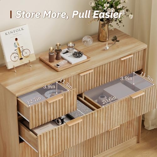 LYNCOHOME Fluted Tall Dresser for Bedroom, 9 Drawer Chest of Drawers, Oak
