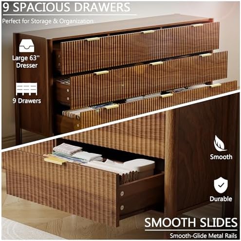 63in Walnut Fluted 9 Drawer Dresser for Bedroom,Mid Century Wood Chest