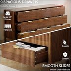 63in Walnut Fluted 9 Drawer Dresser for Bedroom,Mid Century Wood Chest