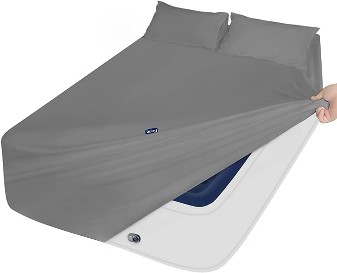 Deep Pocket King Sheet Set for Air Mattress - Extra Deep Pocket King Bed Sheet Set - 3Pcs Side Storage Pocket Fitted Sheet & Pillowcases Easily Fits 16in to 24in Pillow Top Air Bed Mattress(Grey)