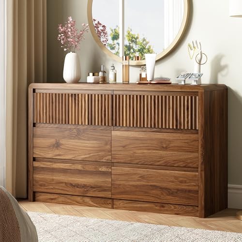 LYNSOM Walnut Fluted 6 Drawer Dresser for Bedroom, Curved Edge, 50" Wide