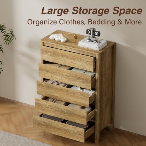 Furniway 45" Tall 5 Drawer Wood Dresser for Bedroom with Legs, Natural Oak
