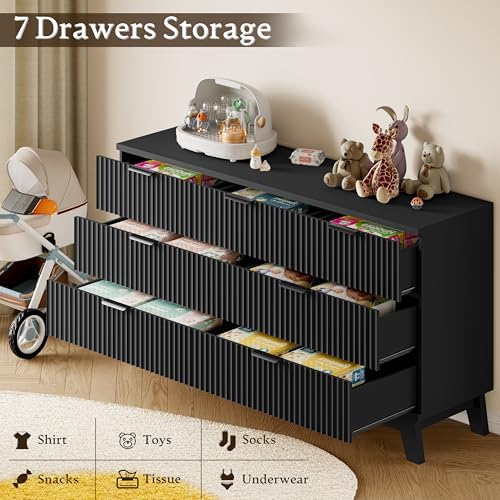 BORNOON 57" Long Dresser for Bedroom, 7-Drawer Fluted Chest, Wide Wood Storage Dresser with Metal Slides and Handles, Stable Base, Modern Clothes Organizer for Primary Suite, Guest Room, Nursery