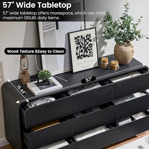 Standifurno Dresser for Bedroom, Modern Cuved Dresser with 9 Drawers,Black Dresser with Handleless Design, Closet Storage Dresser, 15.43" D x 57" W x 28.3" H (9 Drawers)