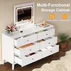 RoyalCraft 6 Drawer Dresser with Lighted Mirror, White Fluted Modern Wood Chest of Drawers, Long Dresser for Bedroom Storage