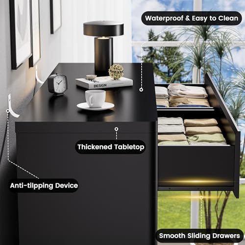 Standifurno Black 8 Drawers Dresser for Bedroom, 48" Wide Wooden Tall Chest of Drawers with Curved Modern Profile Design, Fluted Dresser TV Stand, Wood Closet Clothes Storage Drawer Organizer