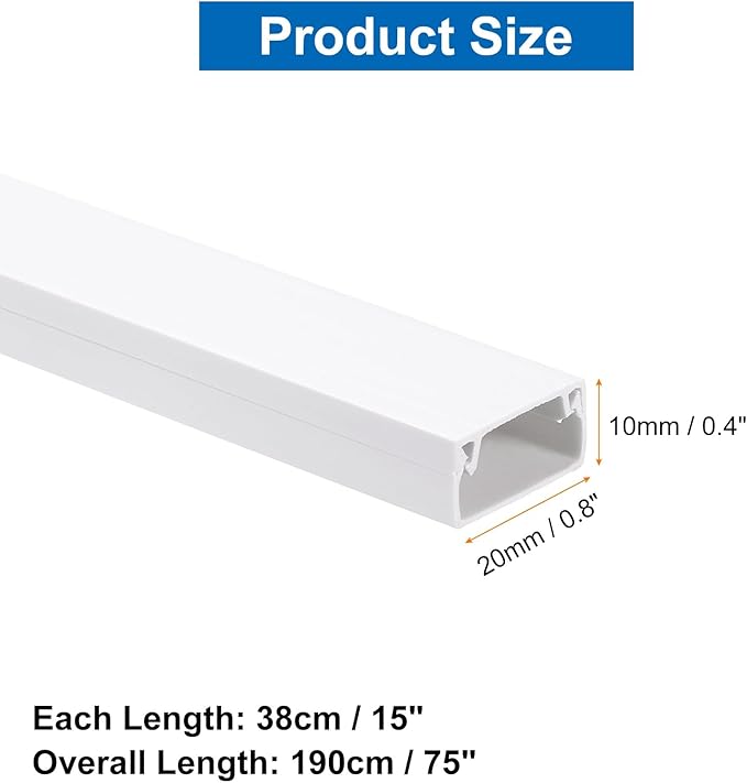 HARFINGTON 5pcs Cord Hider Wall 15inx0.8inx0.4in (LxWxH) PVC Cable Cover Self Adhesive Wire Hider Wall Mounted TV Cable Raceway for Cables Management (75in Total Length),White