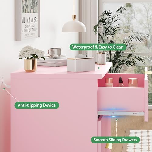 Xixini Fluted Dresser for Bedroom with 3 Drawers, 24" Wide Modern Chest of Drawers with Metal Handle, Wooden Dresser TV Stand, Wood Closet Clothes Storage Organizer for Living Room, Hallway, Pink