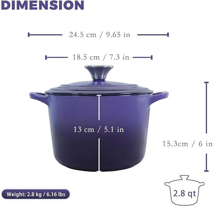 Flavehc Dutch Oven Pot with Lid 2.8 qt Cast Iron Dutch Oven for Bread Baking Purple Enameled Cast Iron Rice Pot with Handels