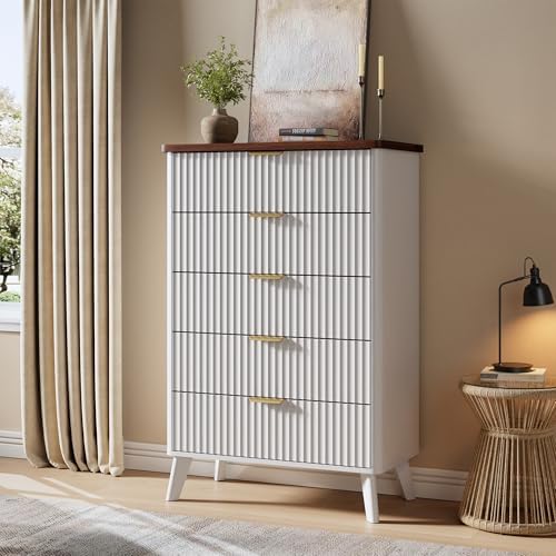 GarveeHome Fluted Dresser for Bedroom with 5 Deep Drawers, White