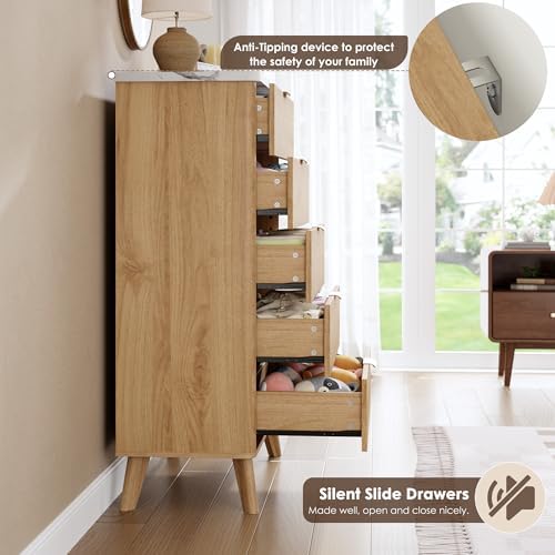 GarveeHome Fluted Dresser for Bedroom with 5 Deep Drawers, Natural Oak
