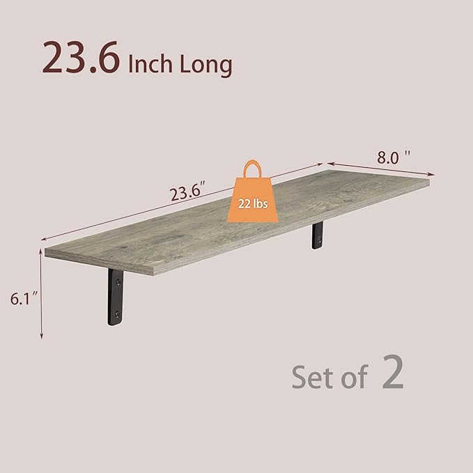 DINZI LVJ Long Wall Shelves, 23.6 Inch Wall Mounted Shelves Set of 2, Easy-to-Install, Wall Storage Ledges with Sturdy Metal Brackets for Living Room, Bathroom, Bedroom, Kitchen, Gray Wash