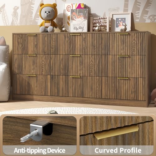 Walnut Dresser with 9 Drawer 63" Wide Fluted Dresser for Bedroom丨Long Dresser Modern Chest of Drawers with Gold Handle, Wood TV Stand Storage Organizer for Bedroom, Living Room, Walnut