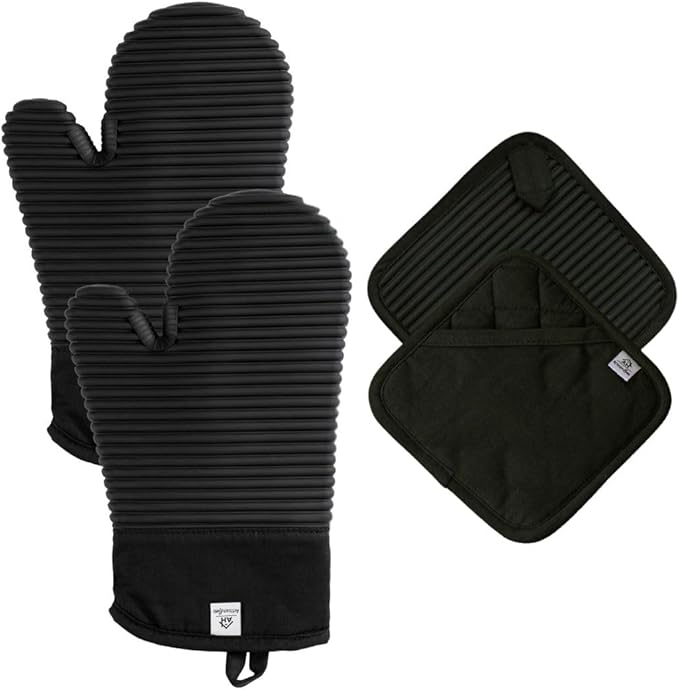 Extra Long Silicone Oven Mitts and Pot Holders Sets | Heat Resistant 500°F BPA-Free Food Grade Silicone Hot Pads & Kitchen Mittens | 4-Piece Set of Oven Gloves & Potholders for Kitchens.