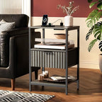 VINGLI Nightstands Set of 2 with Charging Station and Fabric Drawer, Fluted Grey Night Stand Set of 2, Gray Nightstand with Drawer, Bed side Tables/End Tables for Bedroom,14.96"W*11.81"D*23.7"H, 2 pcs