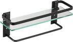 VOLPONE Bathroom Glass Shelf with Towel Bar Black Bathroom Shelf Wall Mount Rustproof Bathroom Wall Organizer Towel Rails1 Tier (Black)