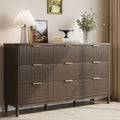 LINSY Fluted 9 Drawer Dresser for Bedroom, 58" Wide Mid-Century Modern Tall Chest of Drawers, Deep Storage Dresser with Curved Corner Design, Large Accent Wood Cabinet for Bedroom, Walnut