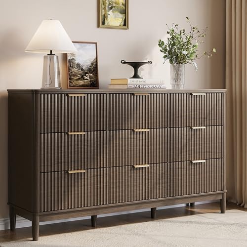 LINSY Fluted 9 Drawer Dresser for Bedroom, 58" Wide Mid-Century Modern Tall Chest of Drawers, Deep Storage Dresser with Curved Corner Design, Large Accent Wood Cabinet for Bedroom, Walnut