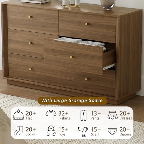 FORTUNETEC 47" Wide 6 Drawer Dresser for Bedroom, Walnut