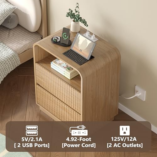 BORNOON Dresser with 2 Drawers and Charging Station, Fluted Bedside Table with Round Curved Corner, Hidden Handles, 2 AC Outlets and 2 USB Ports, Modern Wood End Table with Open Shelf for Bedroom