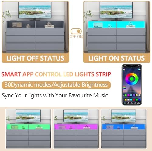 Gyfimoie Grey 6-Drawer Dresser for Bedroom w/Power Outlet and LED Light