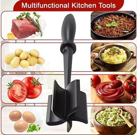 Meat Masher for Ground Beef and Vegies, Heat-Resistant, Hamburger Masher Grinder Tool, Non-Stick, Dishwasher Safe, BPA-Free, Food Grade, Black Color