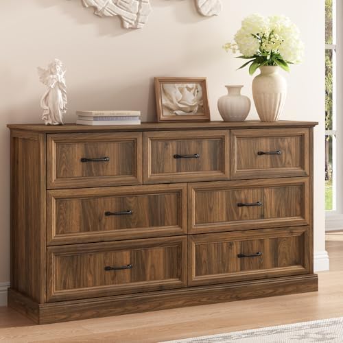 Farmhouse 7 Drawer Dresser for Bedroom, 55" Walnut Dresser with TV Stand