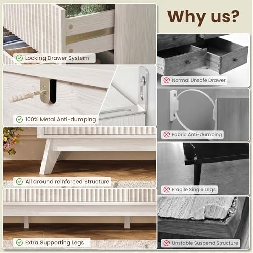 47" Wide Fluted 6 Drawers Dresser for Bedroom,Curved Edge,White