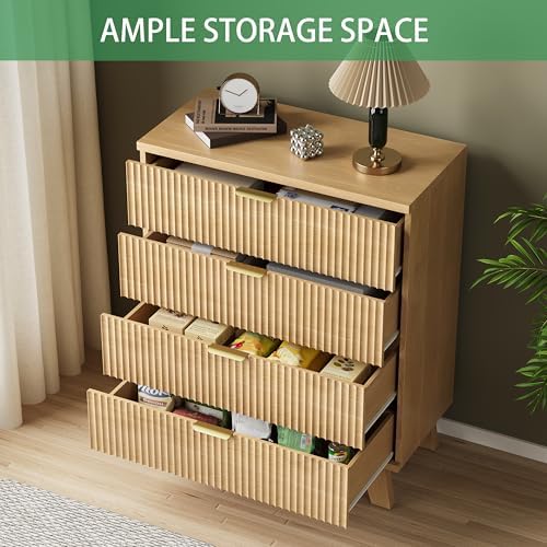 Xixini Fluted Nightstand with 4 Drawers, 31.5" Wide Side Table, Natural Oak