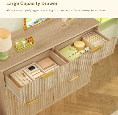 TEENOFN Fluted Dresser for Bedroom with 8 Drawers, 47.2" Wide Modern Chest of Drawers with Metal Handle, Dresser TV Stand, Wood Closet Clothes Storage Organizer for Living Room, Hallway, Natural