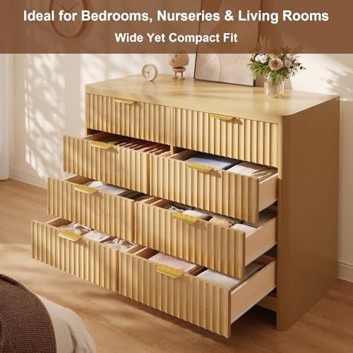 Fluted 8 Drawer Dresser for Bedroom, 47" Wide Modern Chest of Drawers with Metal Handle & Storage, Wooden Dresser TV Stand, Closet Clothes Storage Organizer for Living Room, Natural Oak Dresser