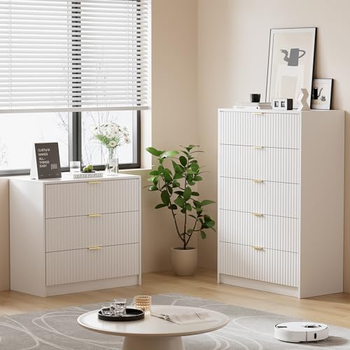 Furniway White Dresser for Bedroom, Modern Dresser with 5 Drawers and Smooth Slides, Wide Chest of Drawers with Golden Handles for Bedroom, Living Room, Closet, 15.7" D x 31.5" W x 47.2" H