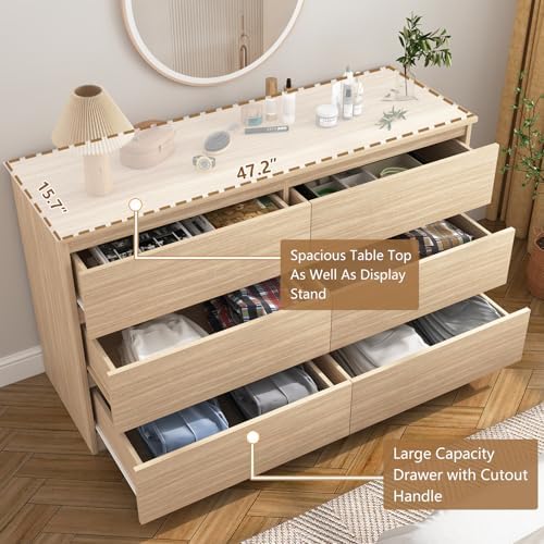 Vibe & Dine 6 Drawer Double Dresser, Modern Chest of Drawers with Wide Storage for Closet, Bedroom, Living Room, Natural Wood