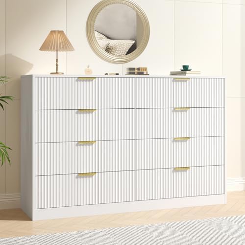 White Dresser with 8 Drawer 55" Wide Fluted Dresser for Bedroom丨Double Drawer Dresser Modern Chest of Drawers with Gold Handle, Wood TV Stand for Bedroom, Living Room, Entryway, White