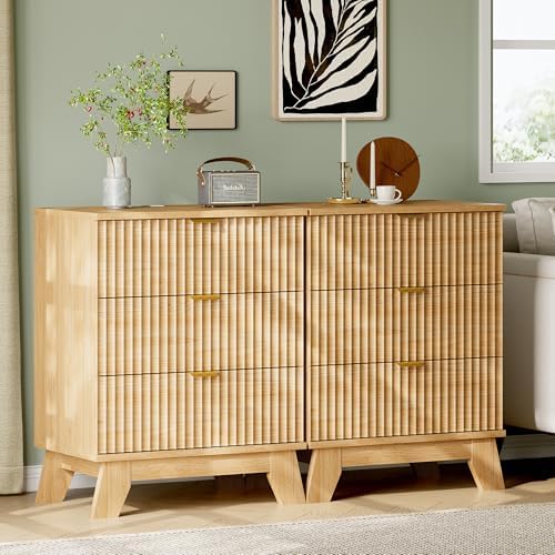 Xixini Fluted Nightstand with Charging Station, Tall Bedside Table, Oak