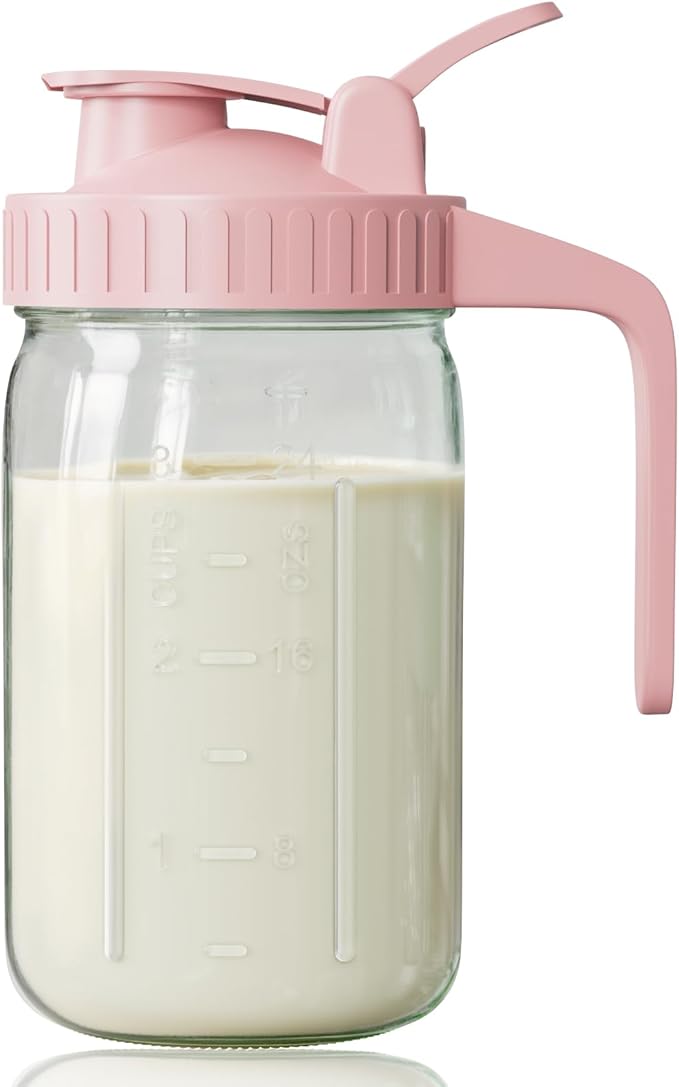 Breast Milk Pitcher, Mason Jar 32 oz, Heavy Duty Wide Mouth Jar with Pink Flip Cap Lid and Pour Spout, Airtight Seal for Freshness and Convenience, Great for Cold Beverages and Home Entertaining