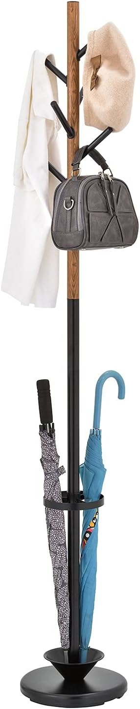 MyGift Freestanding Metal Entryway Coat Rack and Umbrella Stand with Sturdy Round Base and 6 Faux Wood Hanger Hooks