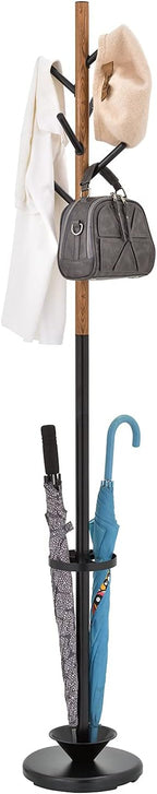 MyGift Freestanding Metal Entryway Coat Rack and Umbrella Stand with Sturdy Round Base and 6 Faux Wood Hanger Hooks